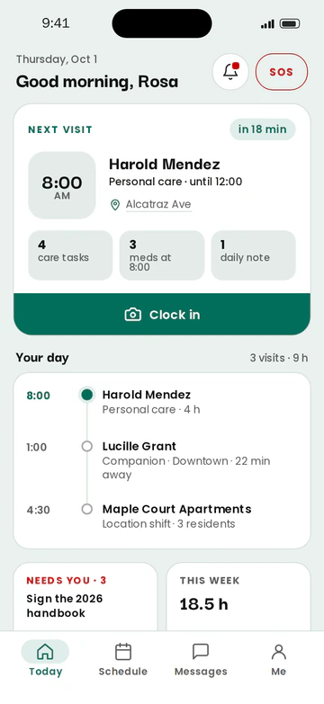 TimeGrid Care caregiver app: Today screen