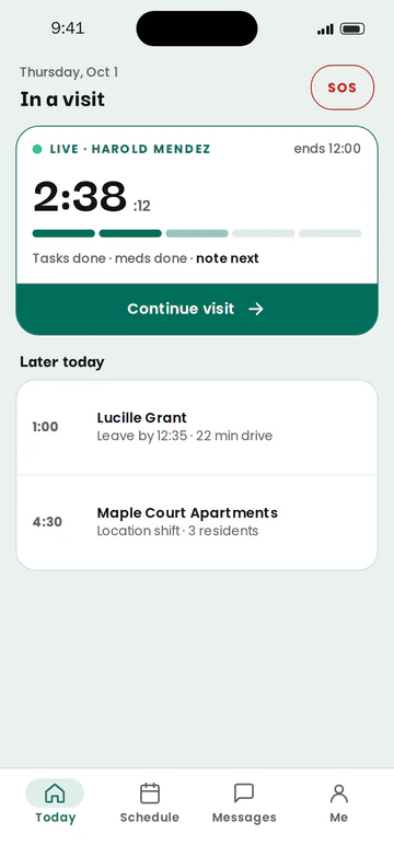Caregiver app during care: live timer and task progress