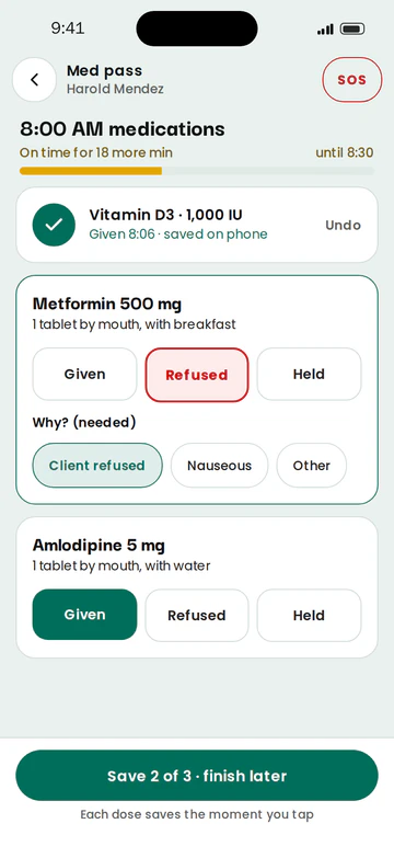 Caregiver app med pass: Given, Refused, or Held per dose