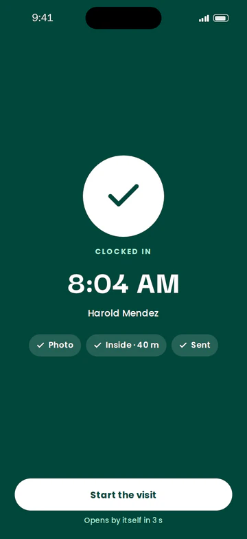 Caregiver app: clocked in confirmation