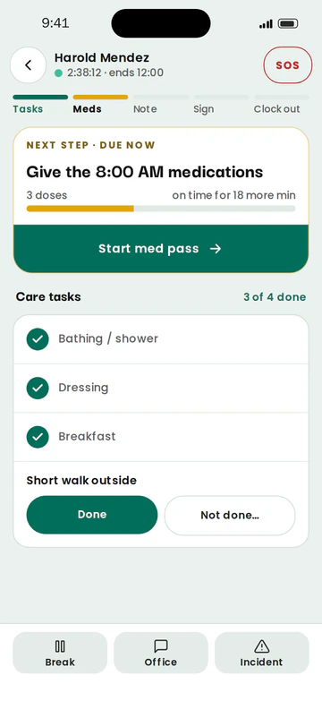 Caregiver app guided visit with tasks and notes