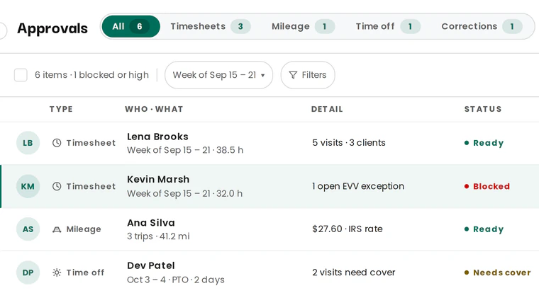Agency console time approvals by exception